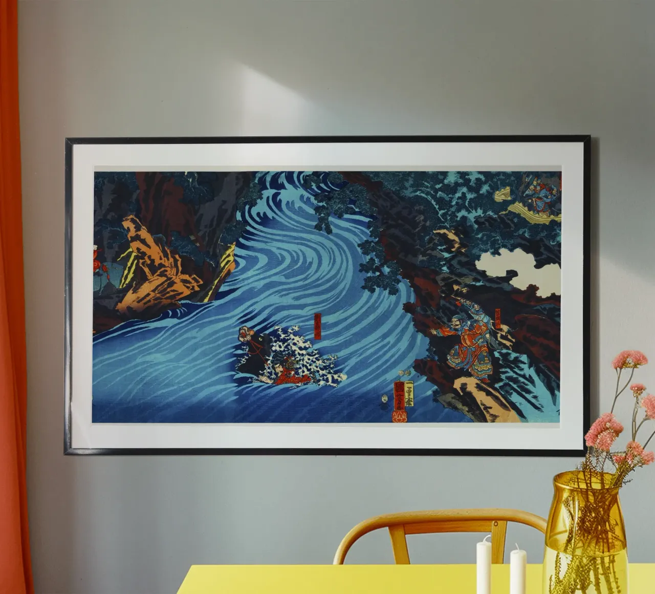 Gentoku Uma o Odorashite Tankei o Koeru zu di Utagawa Kuniyo poster con telaio in plastica da Venus Art