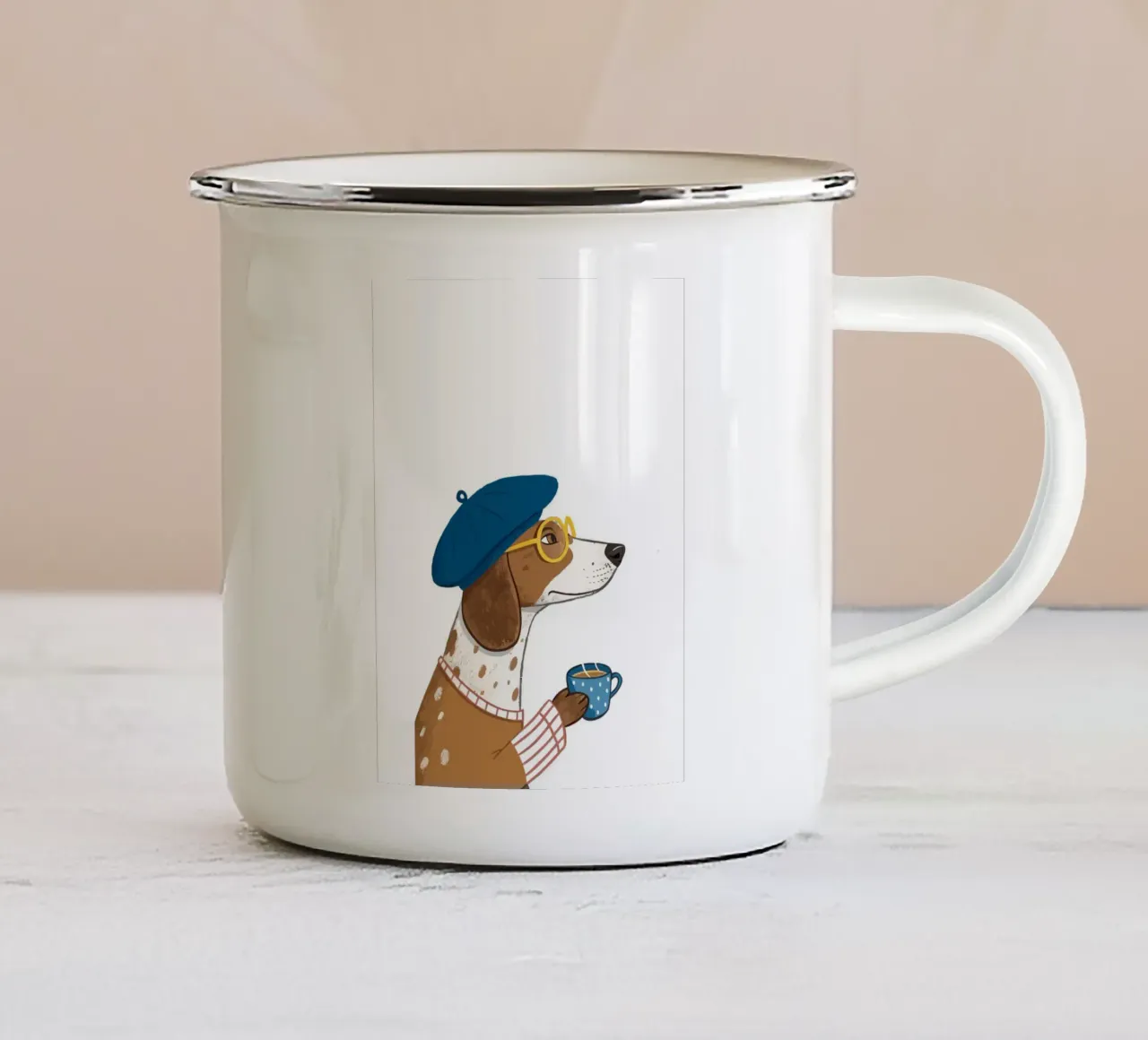 Dog drinking coffee tazza in smalto da Dumery Art