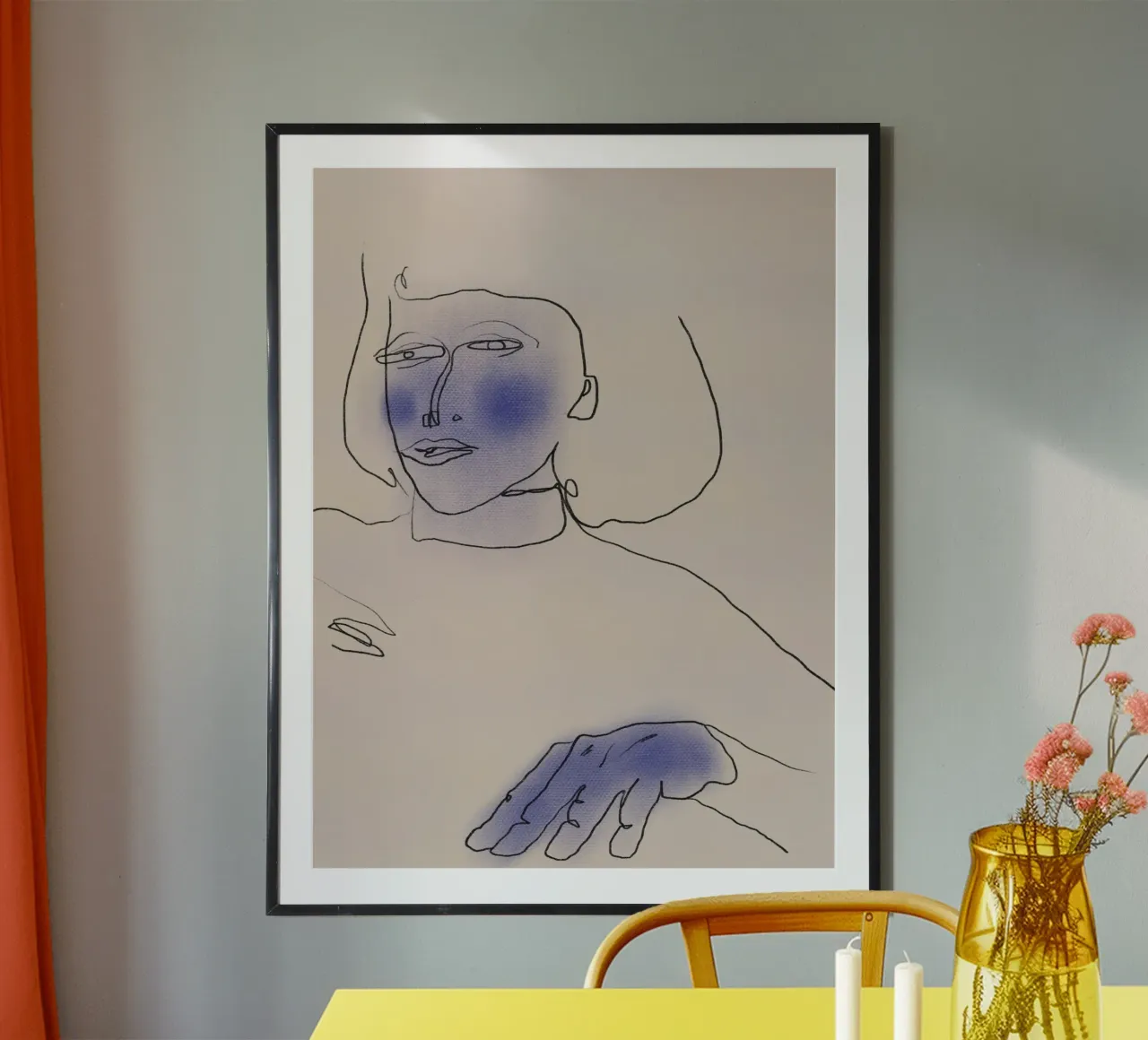 Ritratto a linee e pastelli poster con telaio in legno da Little Dean