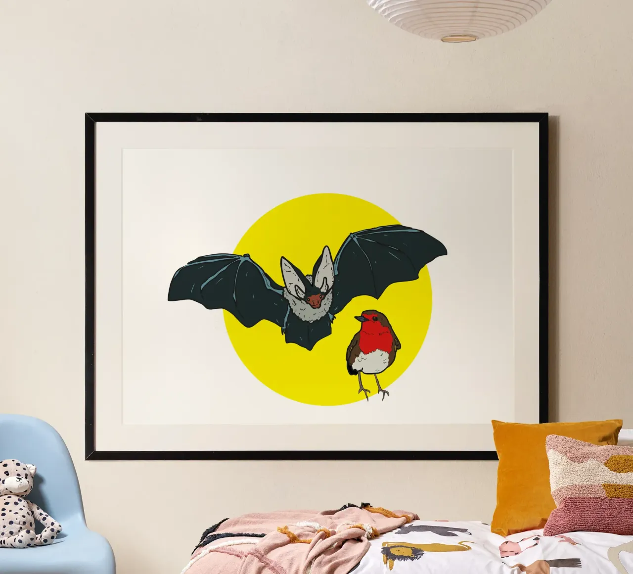 Flying Bat and a Robin poster con telaio in legno da Melty Shirts