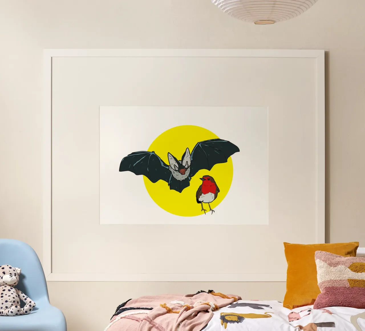 Flying Bat and a Robin poster con telaio in legno da Melty Shirts