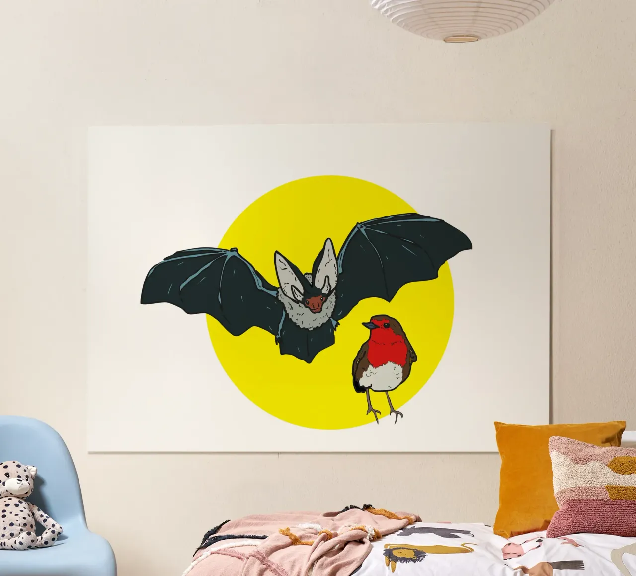 Flying Bat and a Robin poster con telaio in legno da Melty Shirts