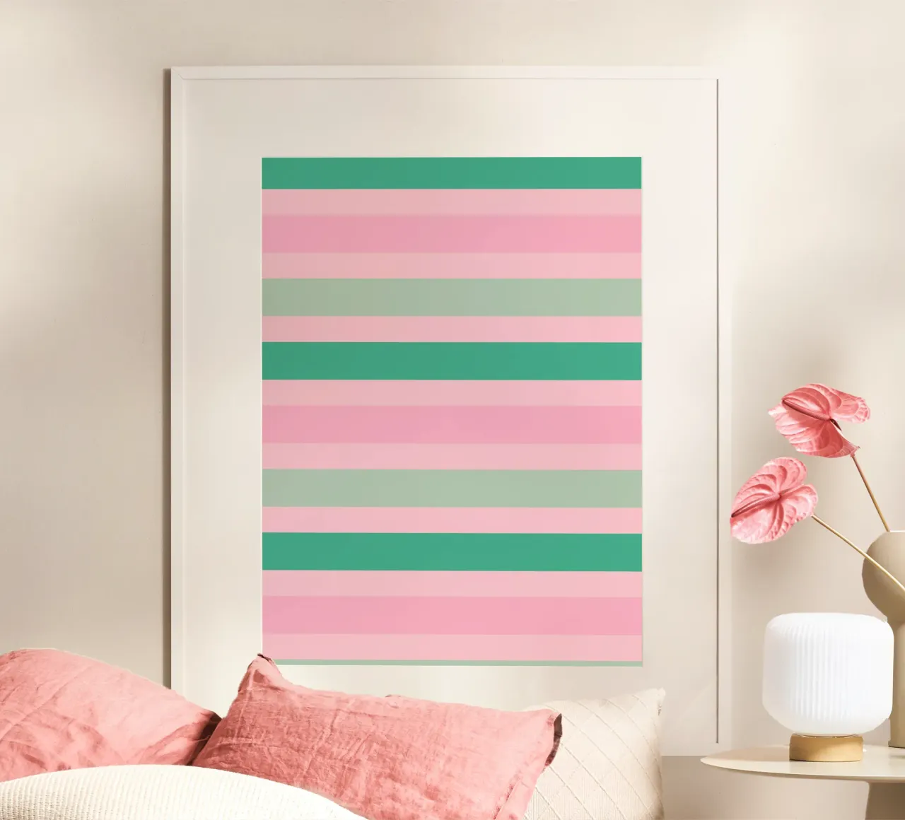 Cabana a strisce verdi e rosa poster con telaio in legno da SilverPegasus