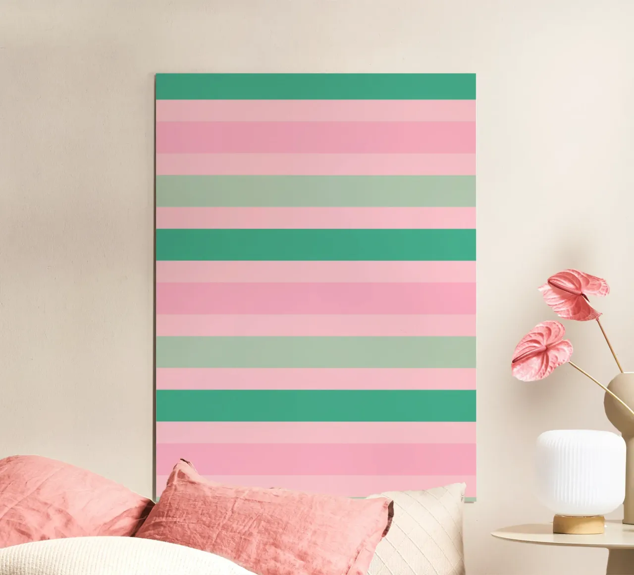 Cabana a strisce verdi e rosa poster con telaio in legno da SilverPegasus