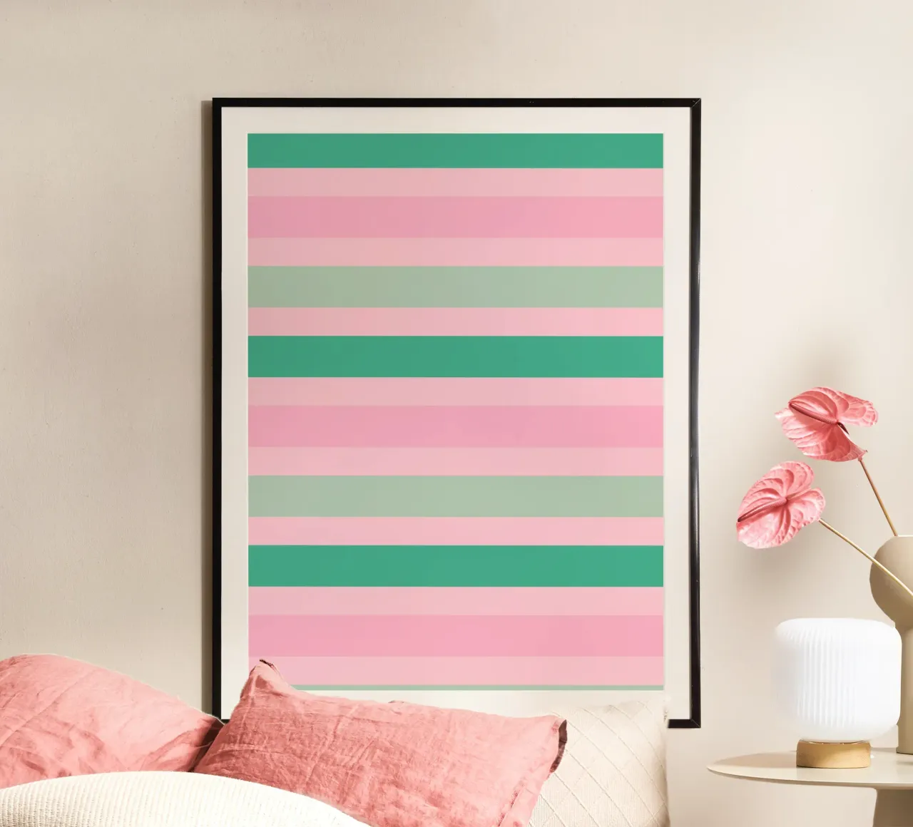 Cabana a strisce verdi e rosa poster con telaio in legno da SilverPegasus