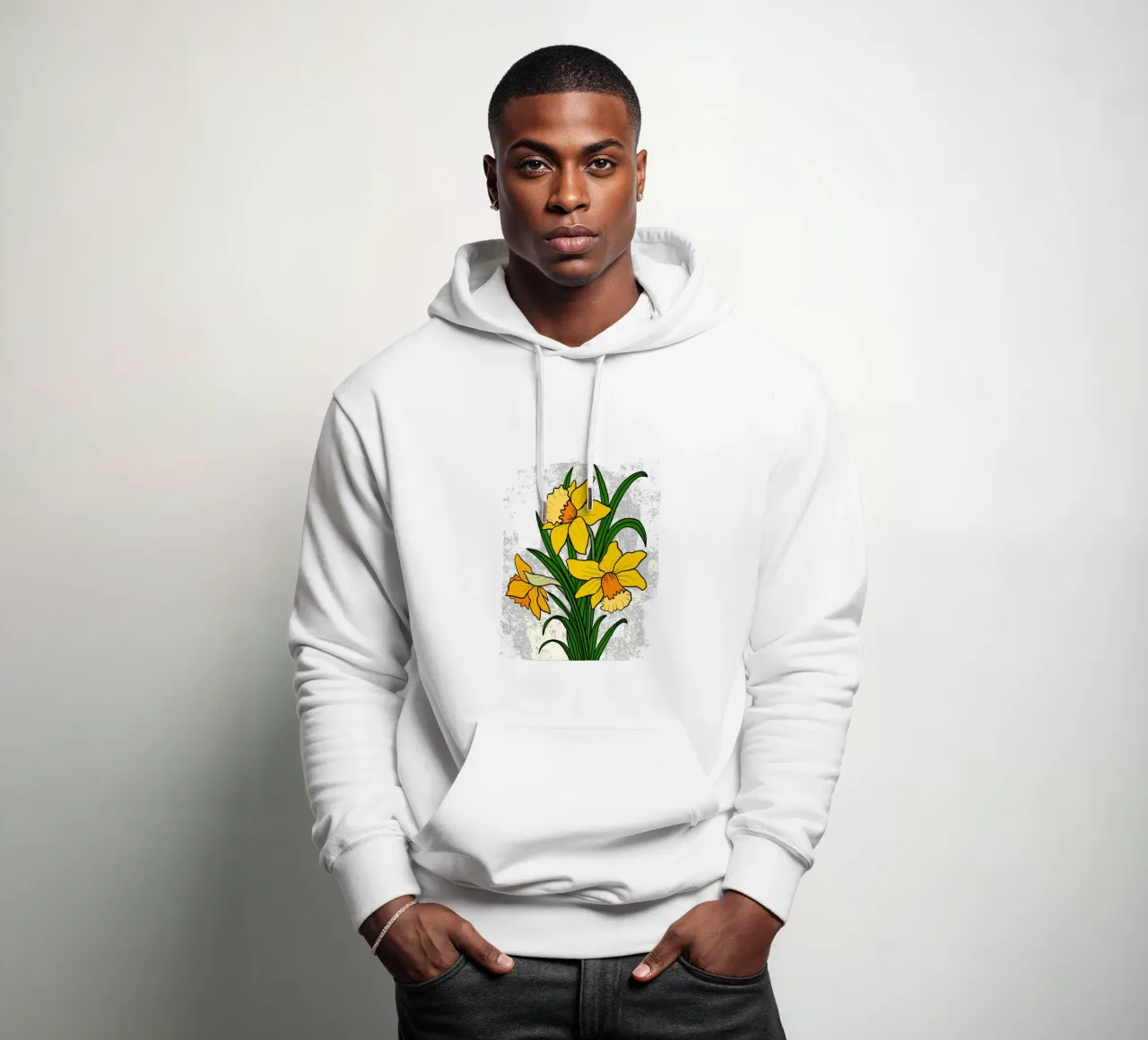 Daffodil flowers with white abstract background felpa con cappuccio da TijanaArtStudio88