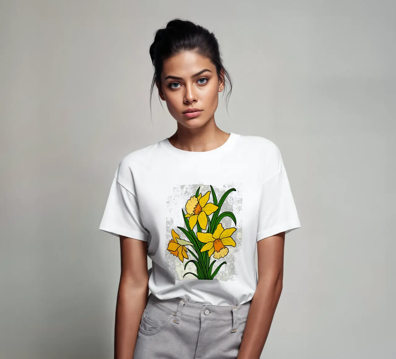 Daffodil flowers with white abstract background t-shirt da TijanaArtStudio88