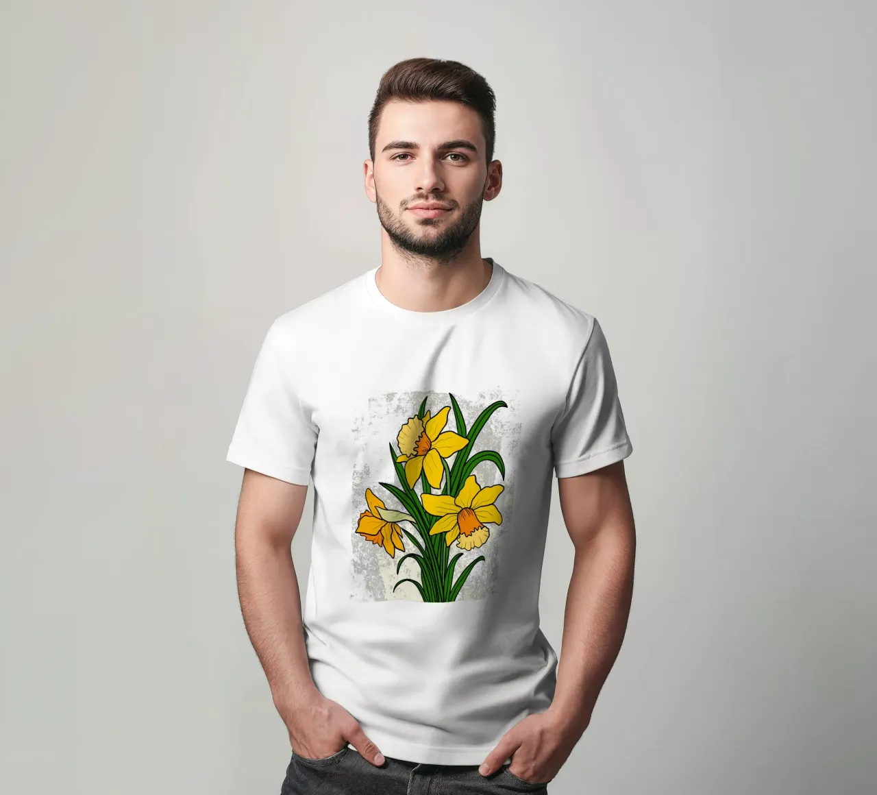 Daffodil flowers with white abstract background t-shirt da TijanaArtStudio88