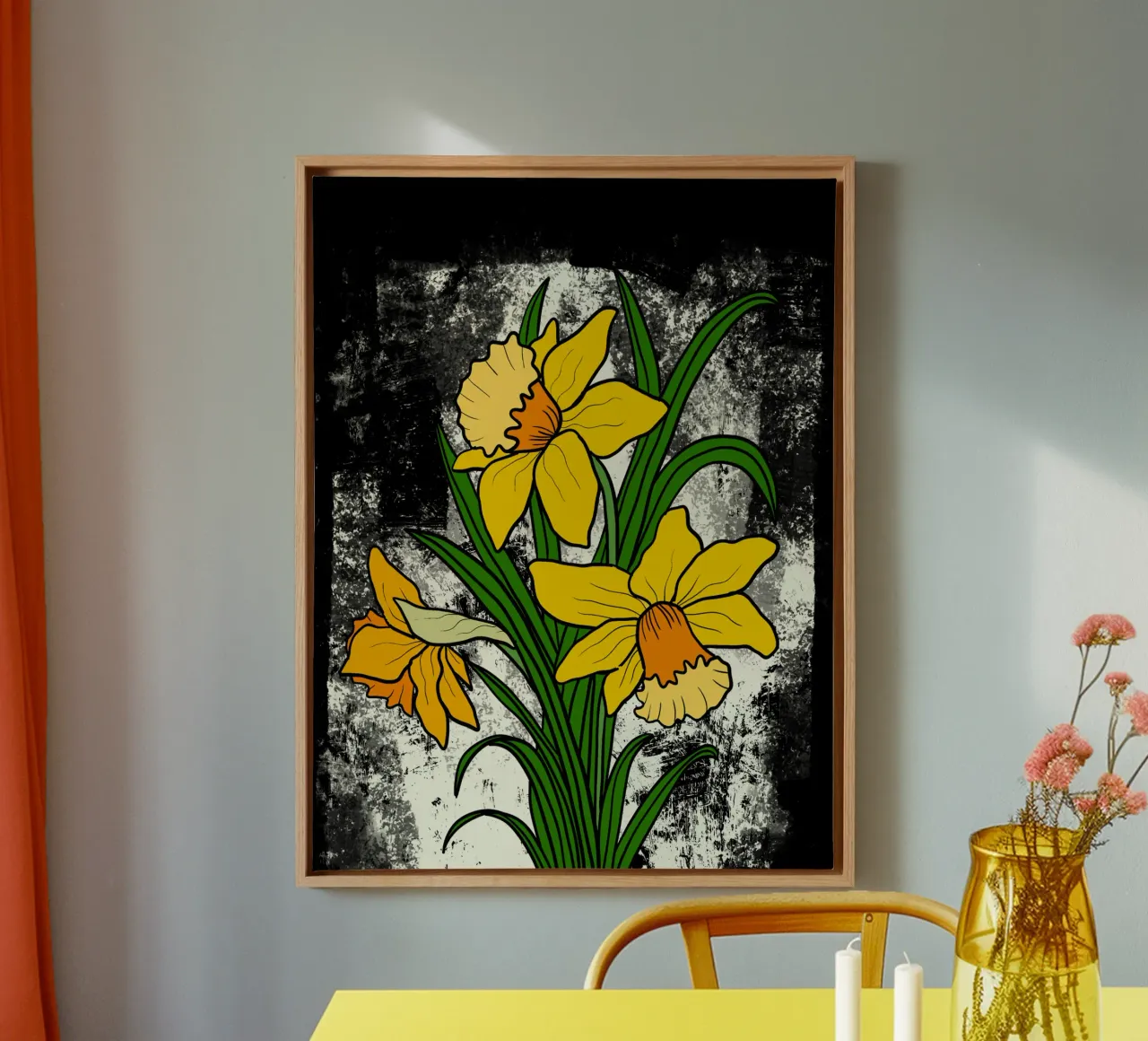 Daffodil flowers with white abstract background tela con Cornice a cassetta da TijanaArtStudio88