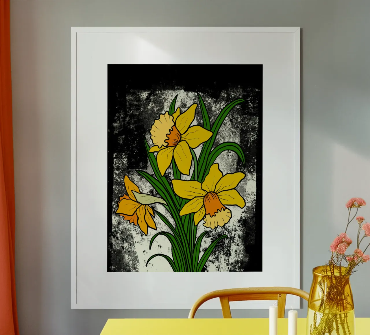 Daffodil flowers with white abstract background poster con telaio in legno da TijanaArtStudio88