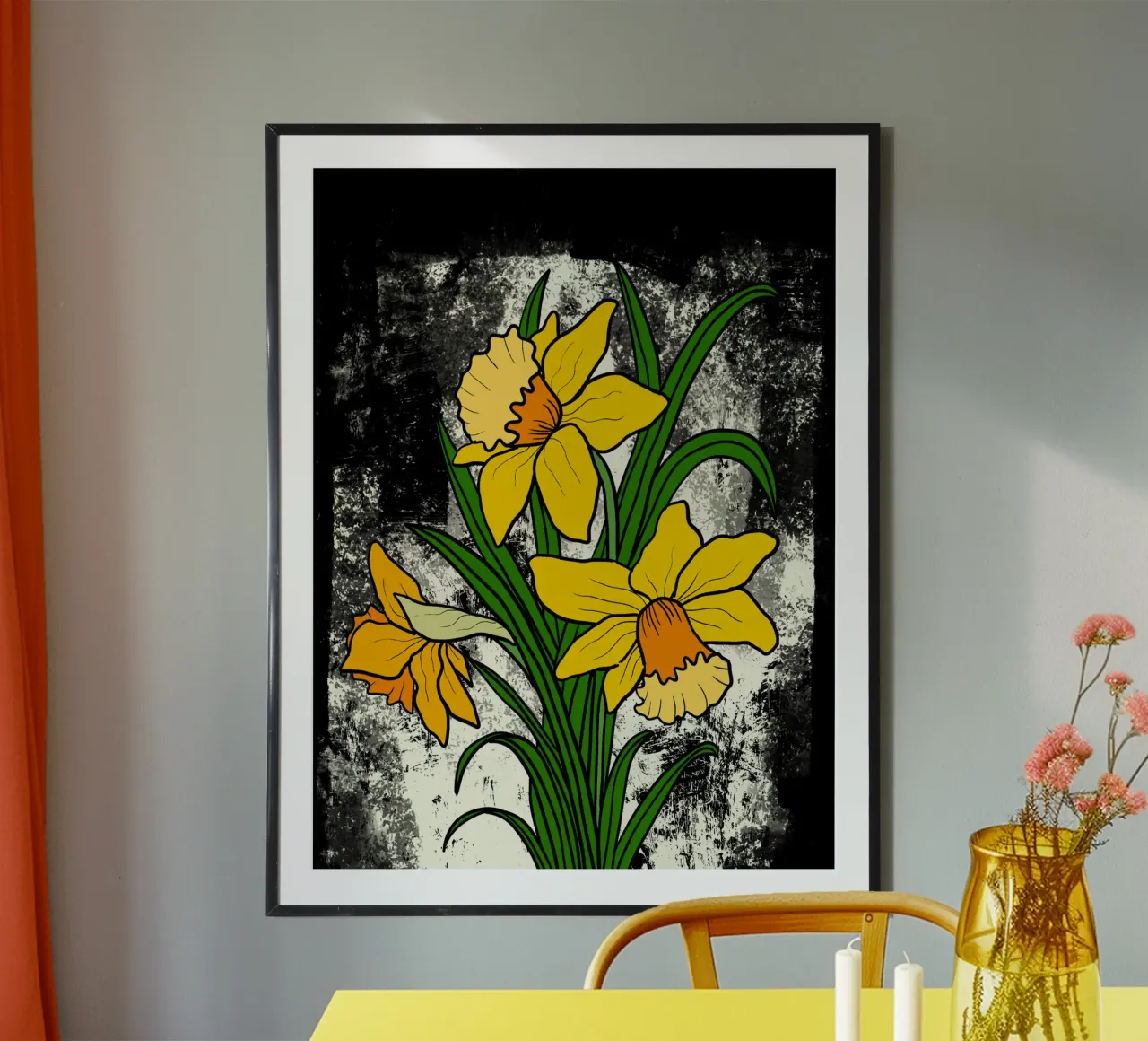 Daffodil flowers with white abstract background poster con telaio in legno da TijanaArtStudio88