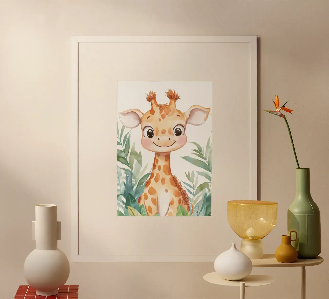 giraffa foglie fogliame sorridente cartone animato poster con telaio in legno da Thomas Weber