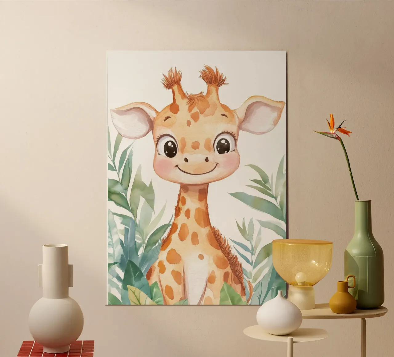 giraffa foglie fogliame sorridente cartone animato poster con telaio in legno da Thomas Weber
