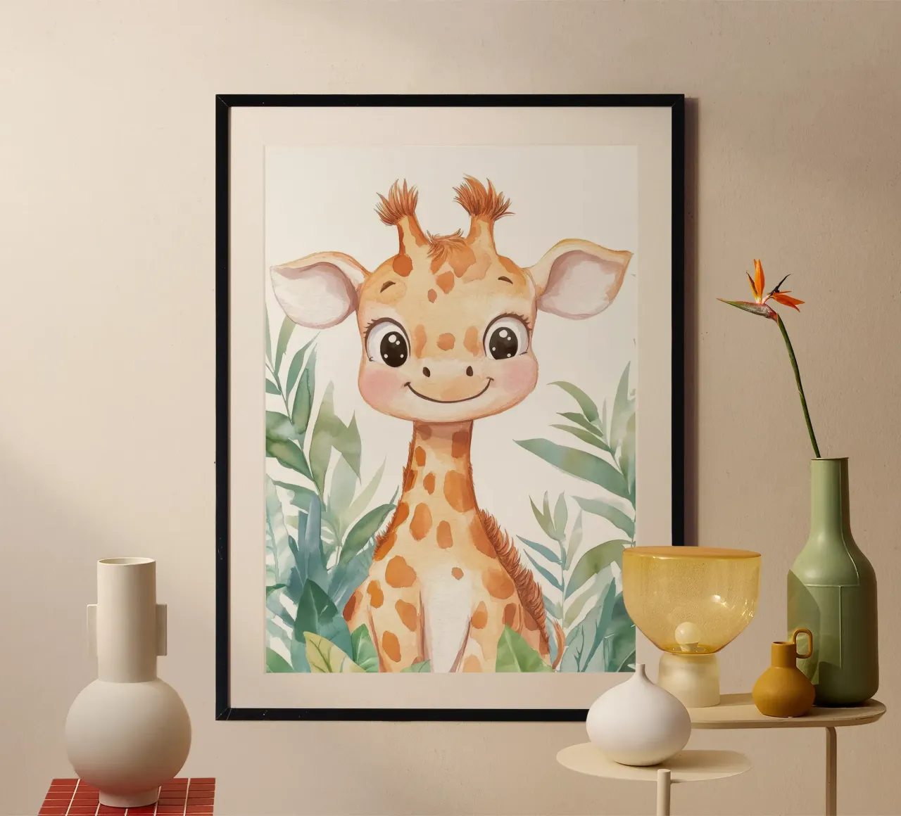 giraffa foglie fogliame sorridente cartone animato poster con telaio in legno da Thomas Weber