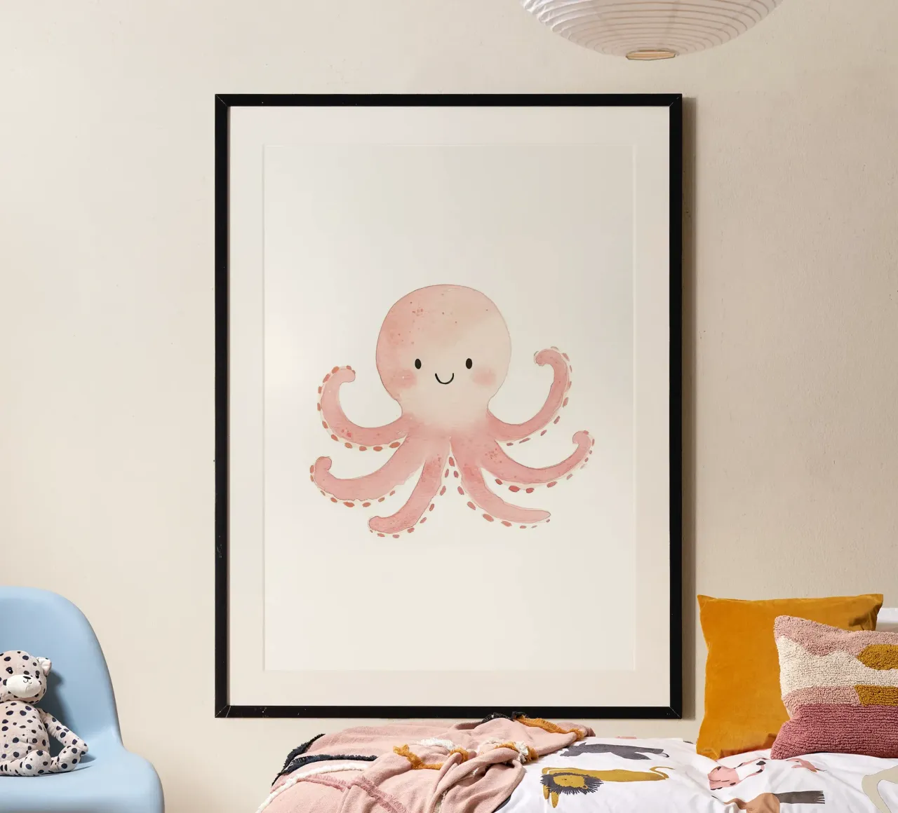 polpo carino sorridente cartone animato acquatico poster con telaio in legno da Thomas Weber