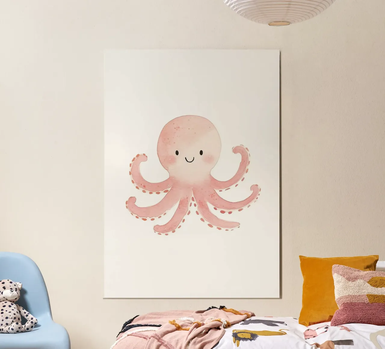 polpo carino sorridente cartone animato acquatico poster con telaio in legno da Thomas Weber