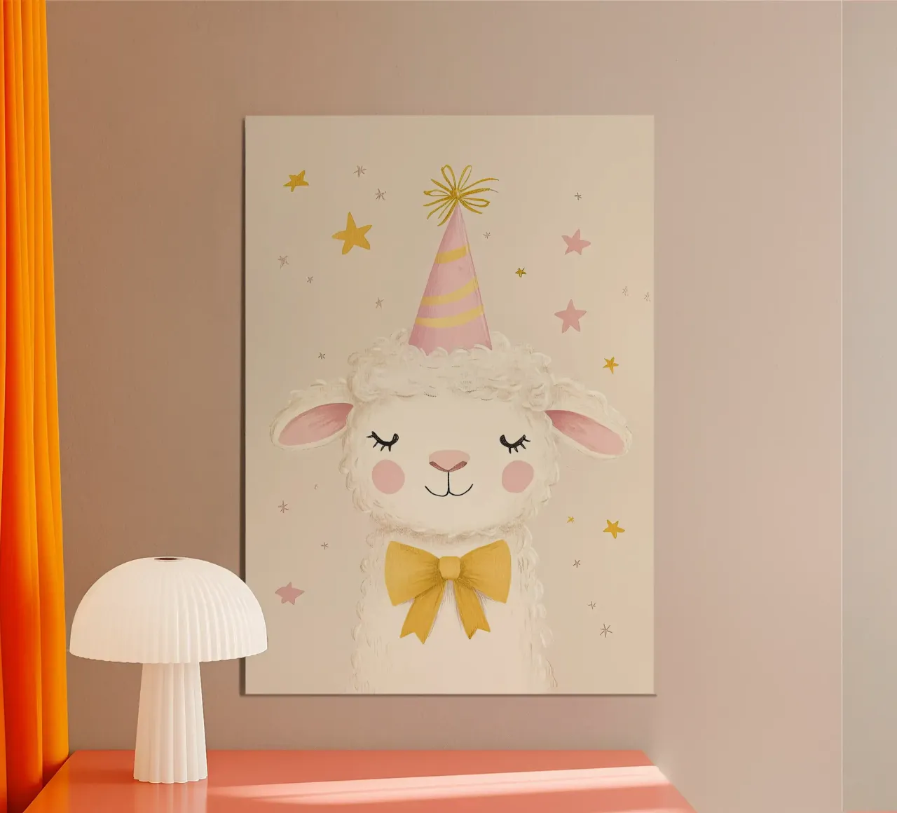 cappello festa animali pecora stelle fiocco giallo poster con telaio in legno da Thomas Weber