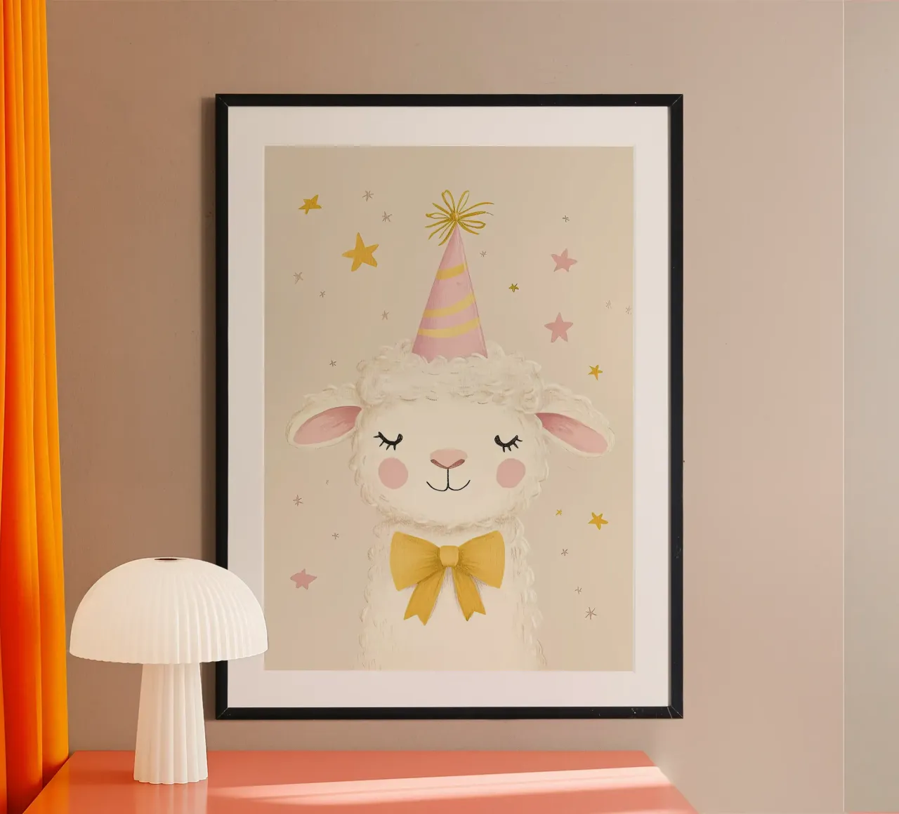 cappello festa animali pecora stelle fiocco giallo poster con telaio in legno da Thomas Weber