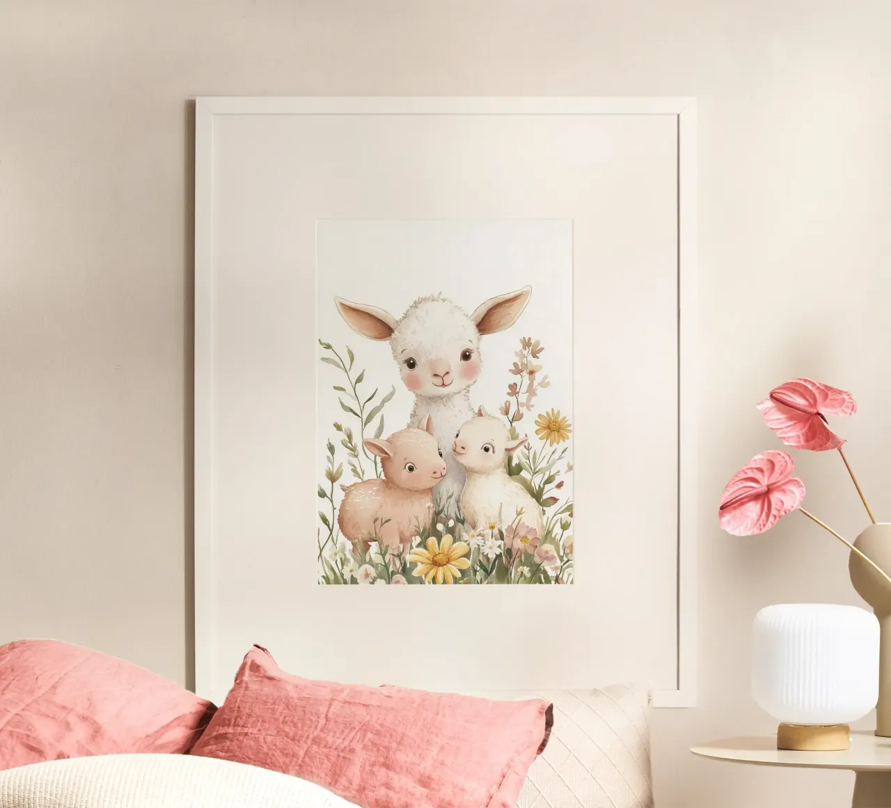agnello bambino animali fiori margherite erba poster con telaio in legno da Thomas Weber