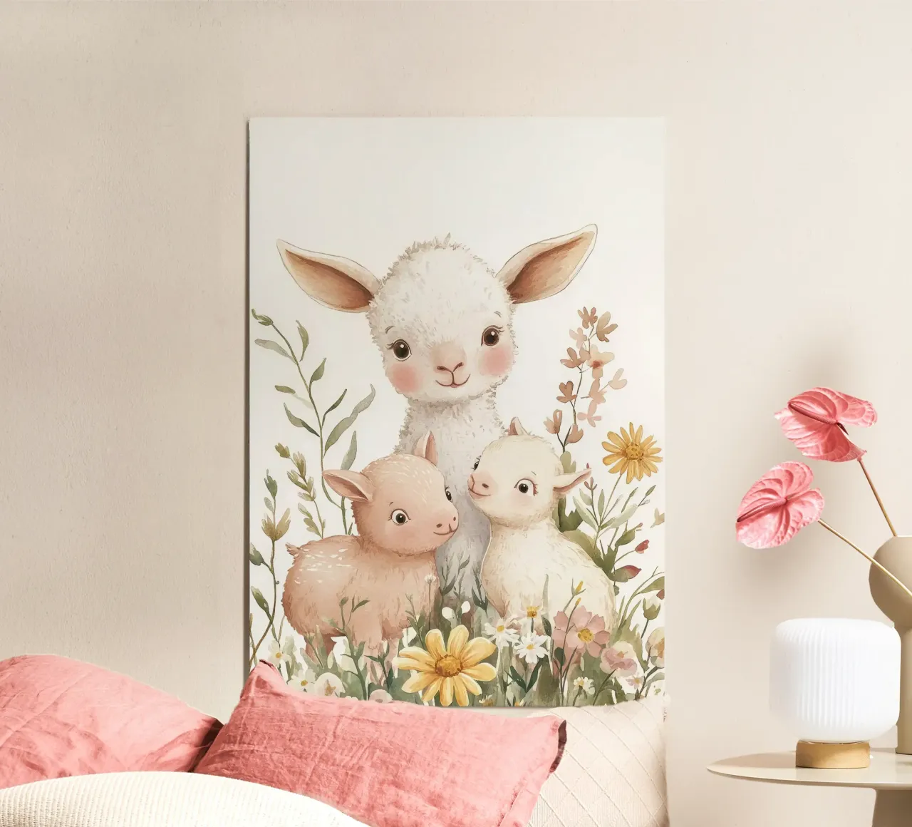 agnello bambino animali fiori margherite erba poster con telaio in legno da Thomas Weber