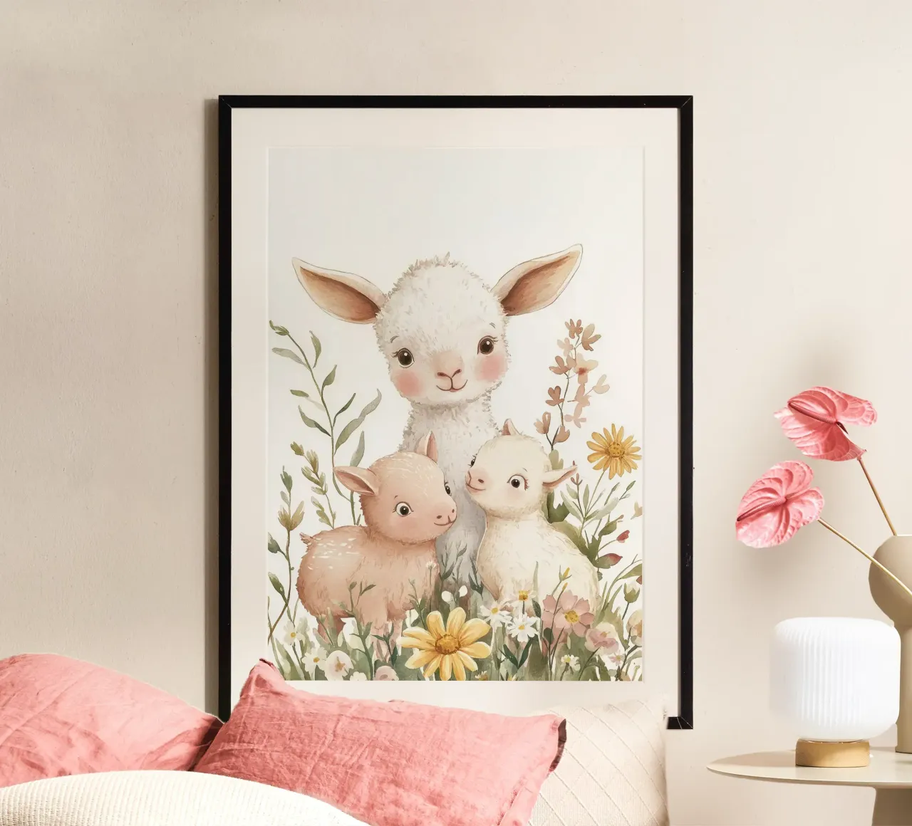 agnello bambino animali fiori margherite erba poster con telaio in legno da Thomas Weber
