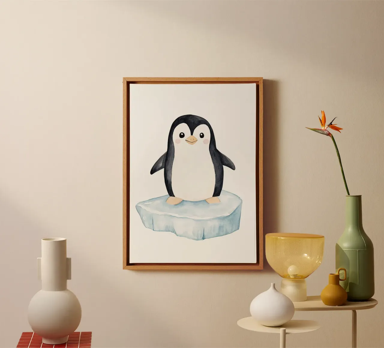 penguin iceberg ice chill smiling standing canvas with Floater frame by Thomas Weber