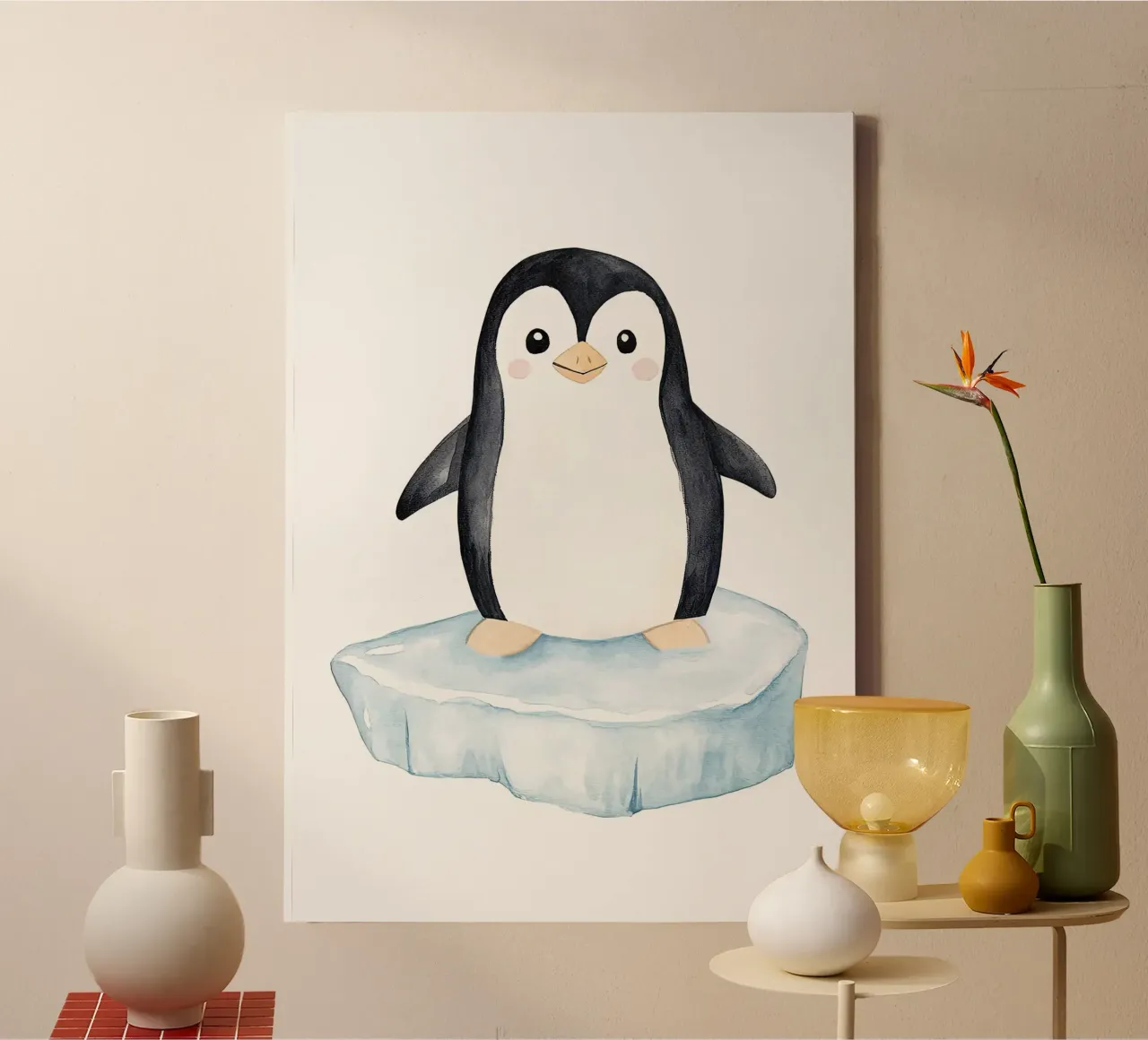 penguin iceberg ice chill smiling standing canvas with Floater frame by Thomas Weber