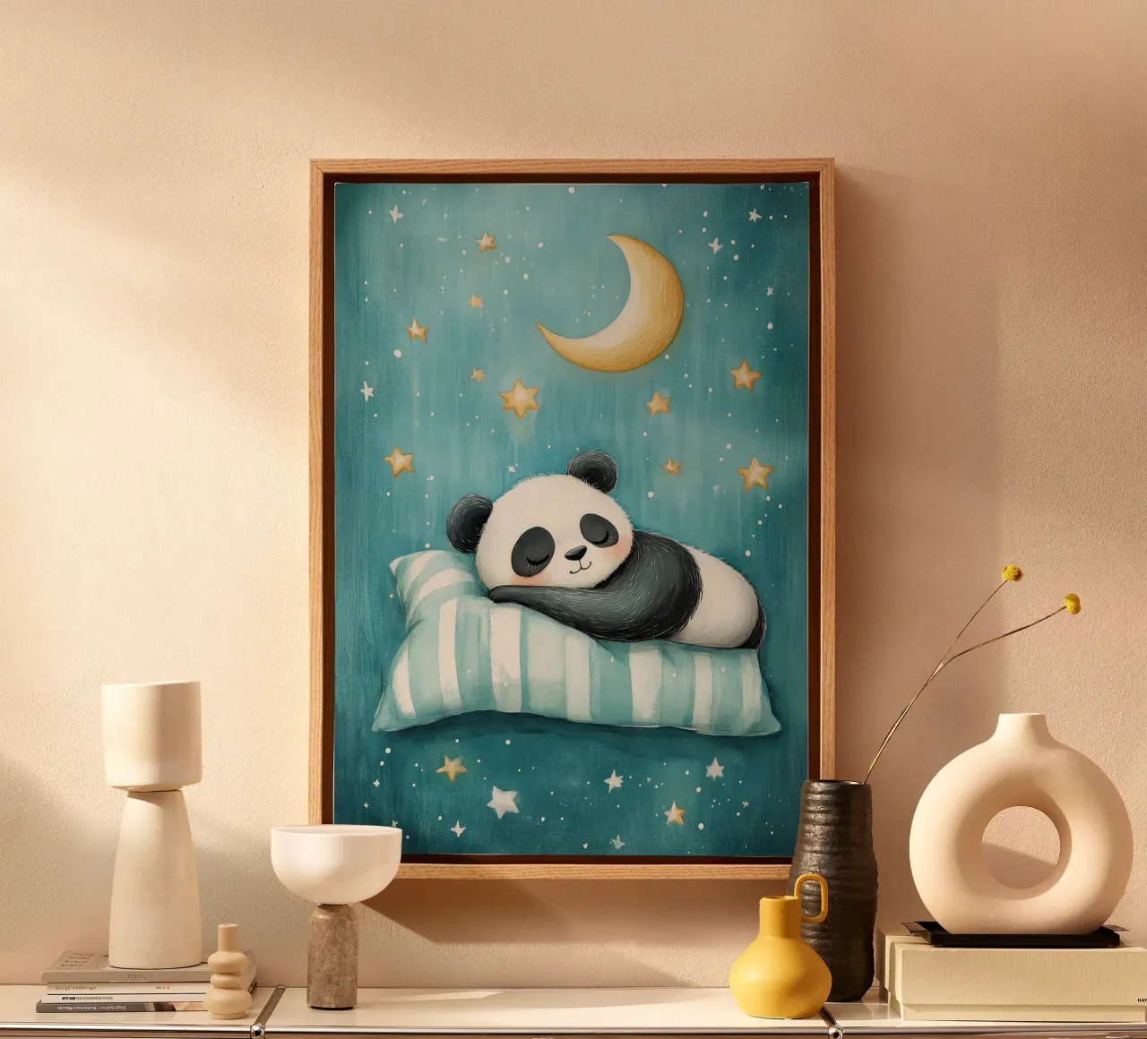 panda che dorme panda cuscino a righe luna crescente tela con Cornice a cassetta da Thomas Weber