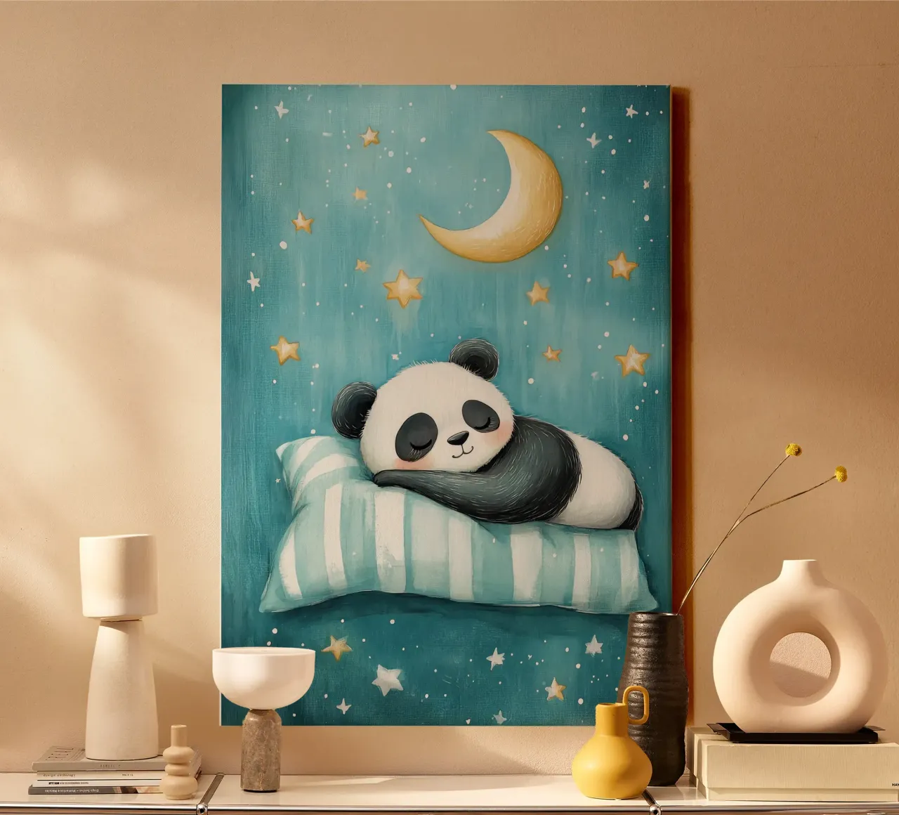 panda che dorme panda cuscino a righe luna crescente tela con Cornice a cassetta da Thomas Weber