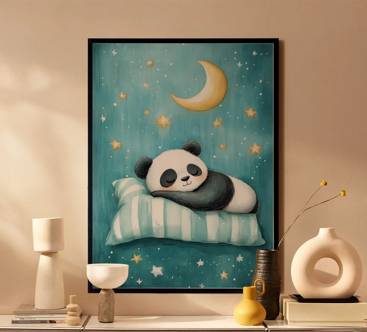 panda che dorme panda cuscino a righe luna crescente poster con telaio in alluminio da Thomas Weber