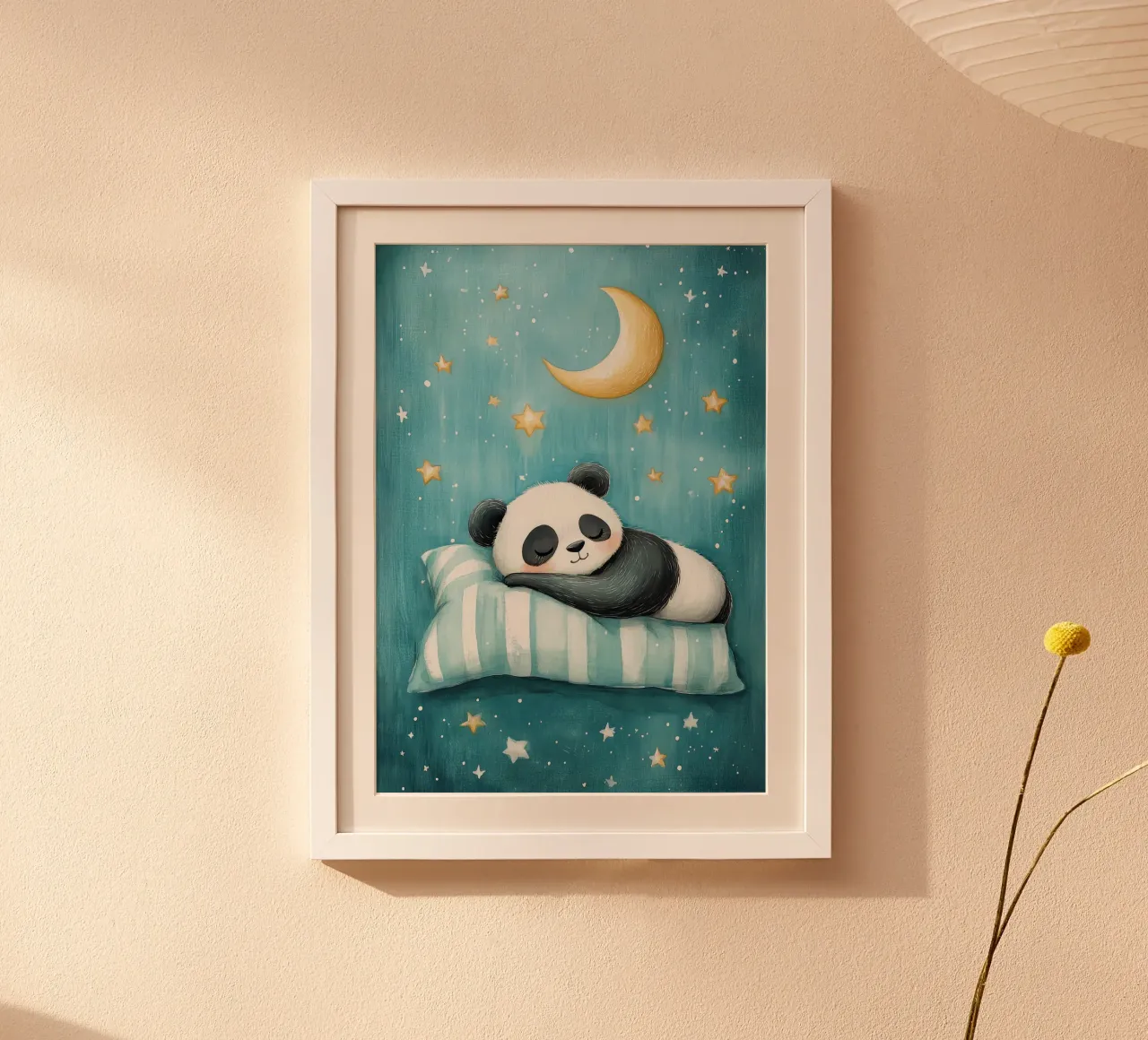 panda che dorme panda cuscino a righe luna crescente poster con telaio in alluminio da Thomas Weber