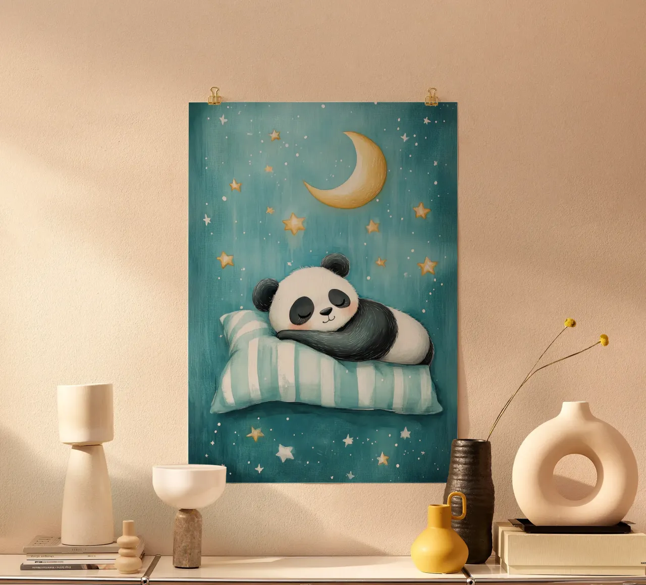 panda che dorme panda cuscino a righe luna crescente poster con telaio in alluminio da Thomas Weber