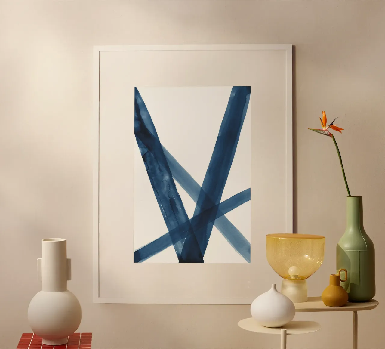 Linee acquerello blu scuro 2 poster con telaio in legno da NouveauPrints