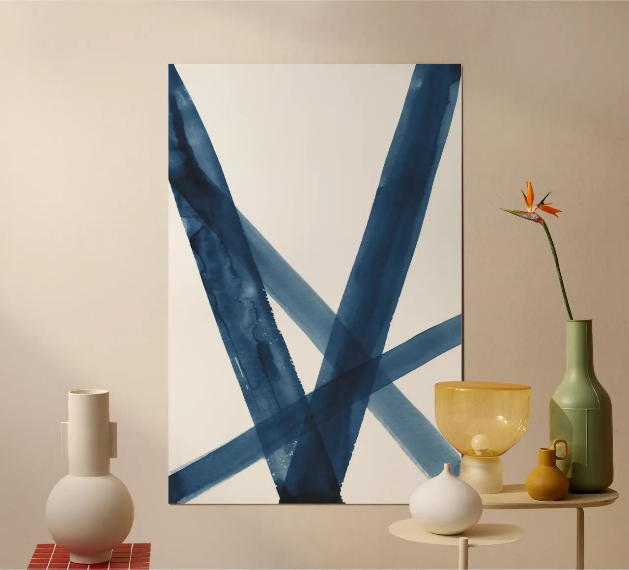 Linee acquerello blu scuro 2 poster con telaio in legno da NouveauPrints