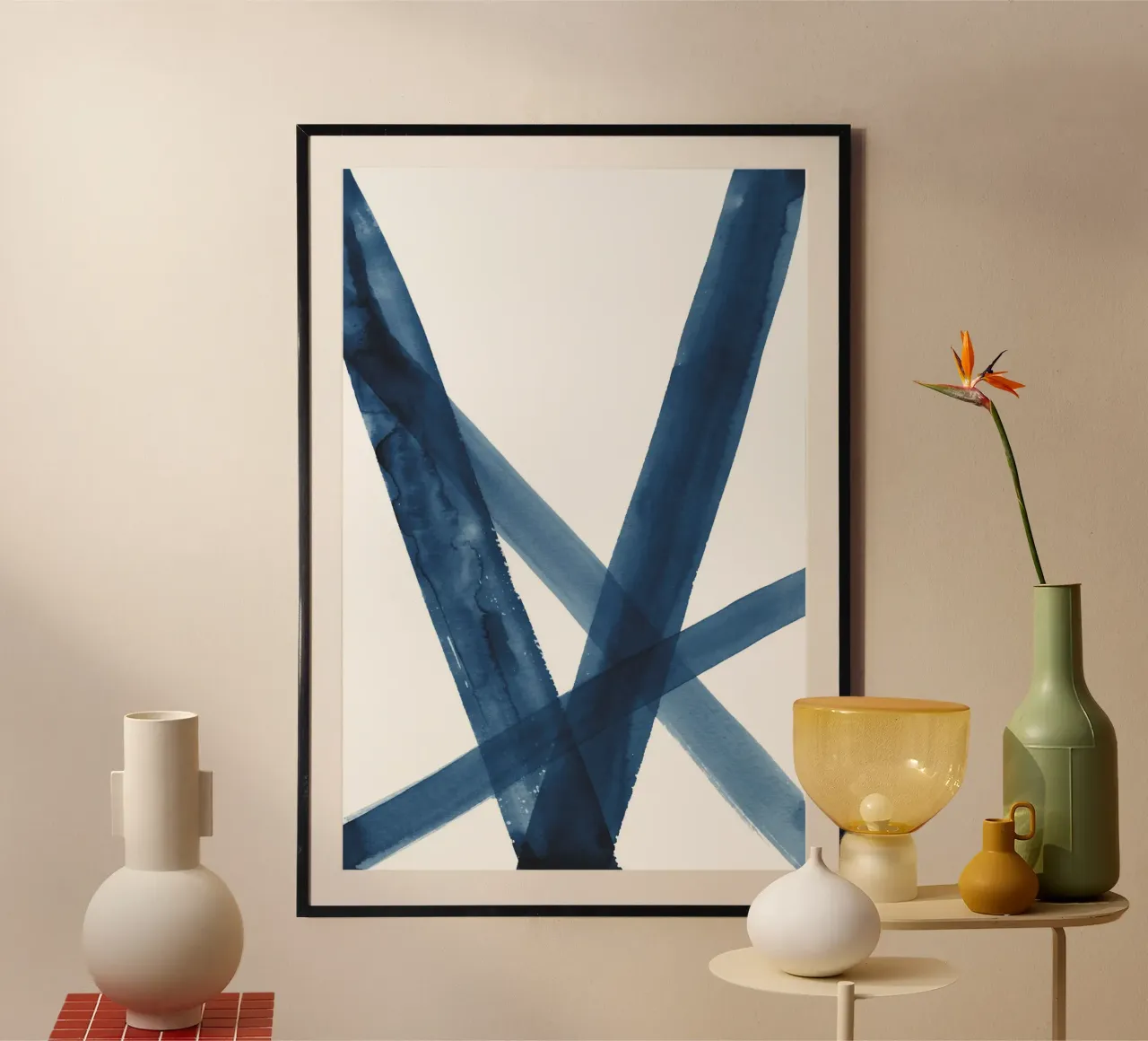 Linee acquerello blu scuro 2 poster con telaio in legno da NouveauPrints