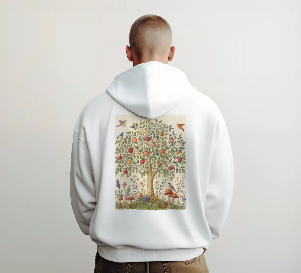 Albero di mele con uccelli e funghi Autunno botanico vintage felpa con cappuccio da Gentle Echoes Art