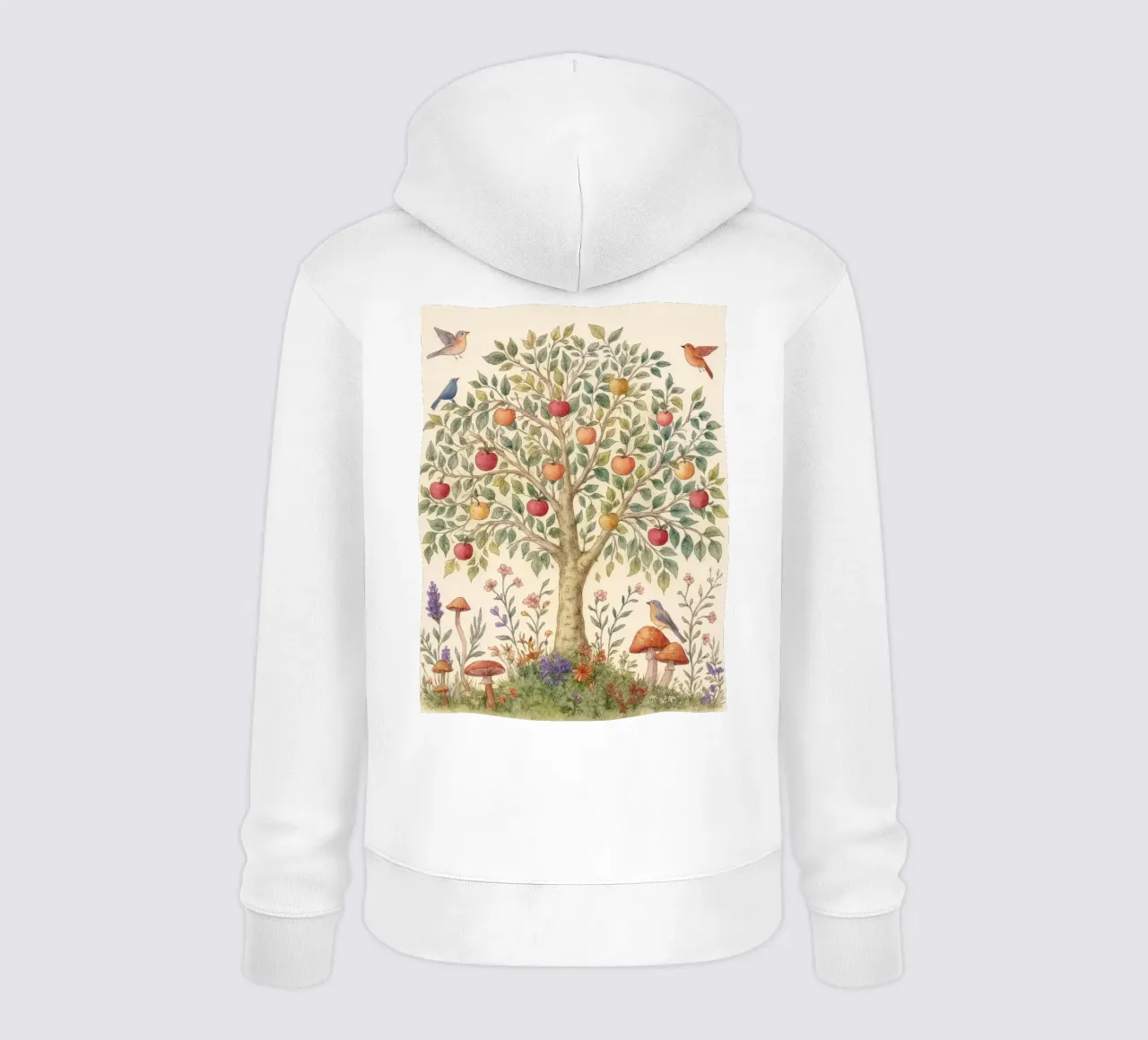 Albero di mele con uccelli e funghi Autunno botanico vintage felpa con cappuccio da Gentle Echoes Art
