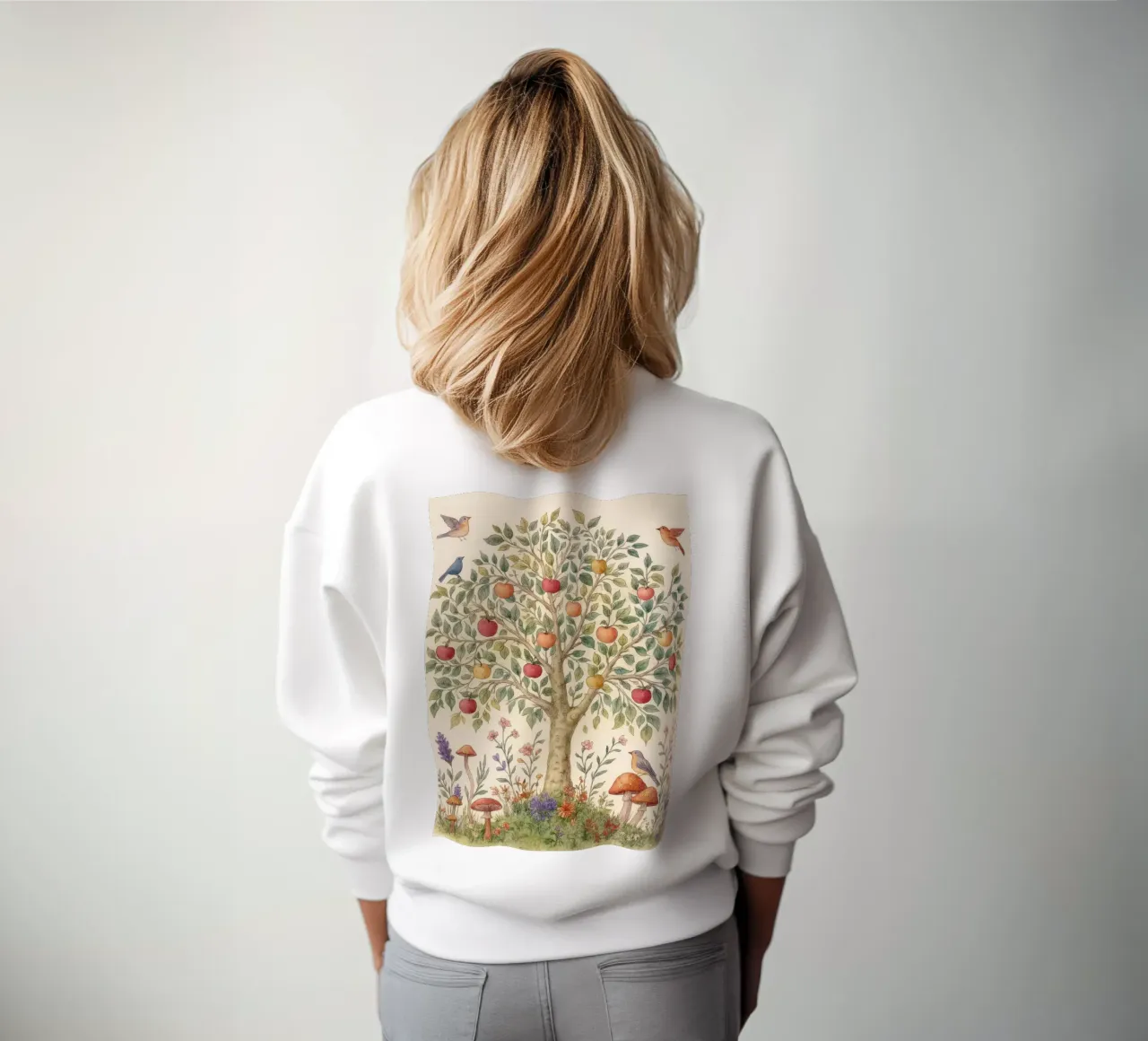Albero di mele con uccelli e funghi Autunno botanico vintage felpa da Gentle Echoes Art