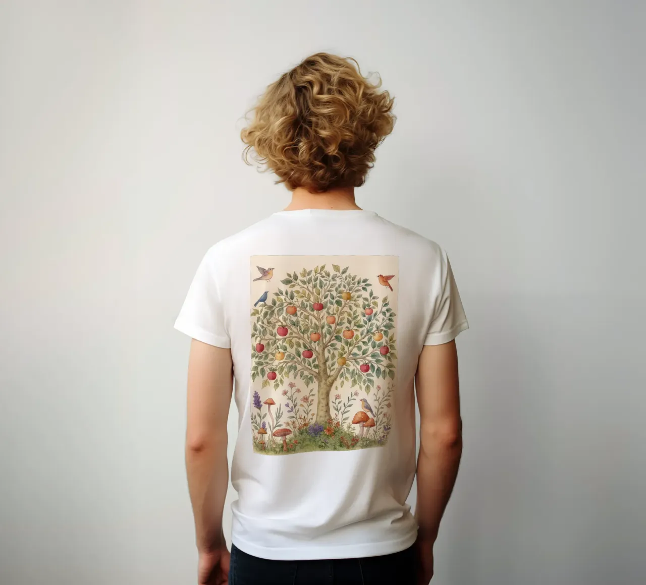 Albero di mele con uccelli e funghi Autunno botanico vintage t-shirt da Gentle Echoes Art