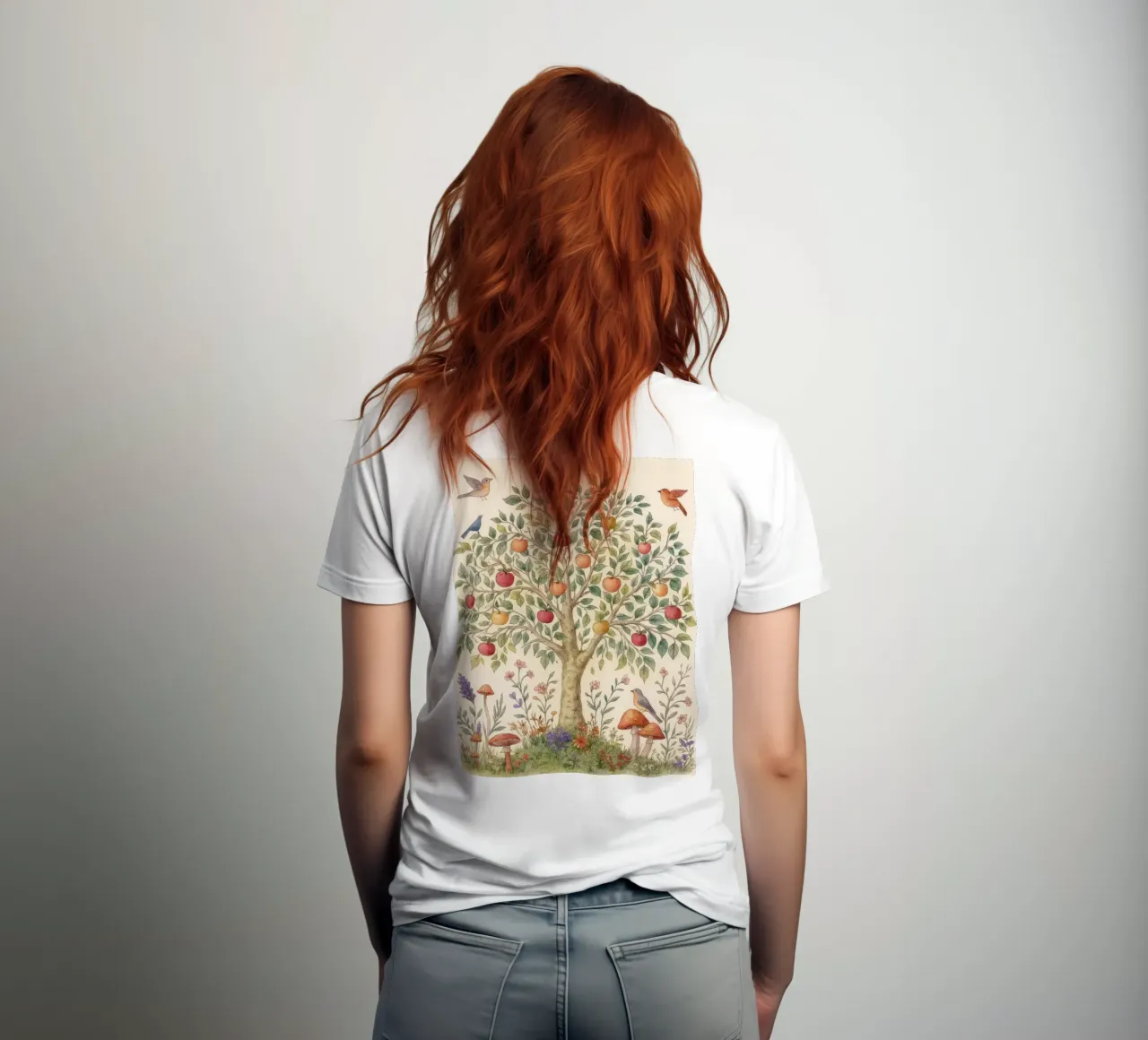 Albero di mele con uccelli e funghi Autunno botanico vintage t-shirt da Gentle Echoes Art
