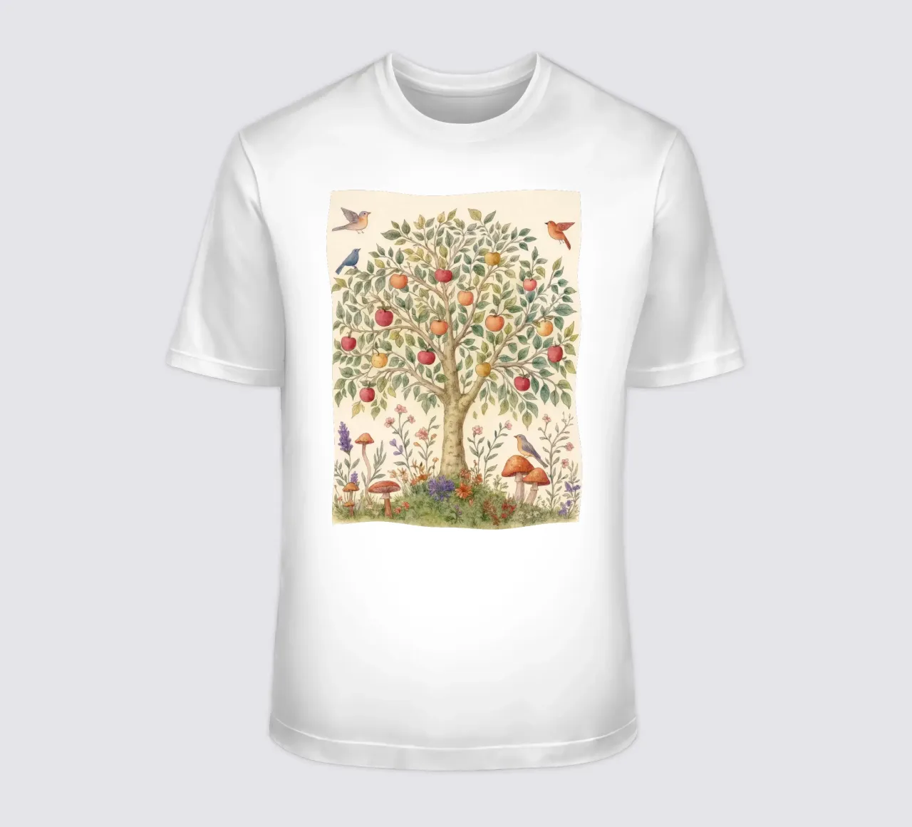 Albero di mele con uccelli e funghi Autunno botanico vintage t-shirt da Gentle Echoes Art