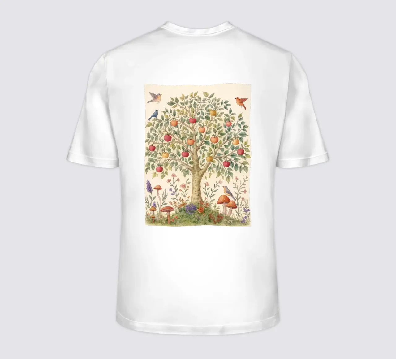 Albero di mele con uccelli e funghi Autunno botanico vintage t-shirt da Gentle Echoes Art