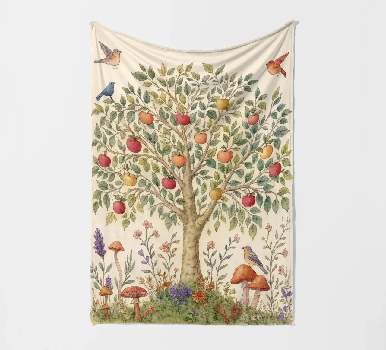 Albero di mele con uccelli e funghi Autunno botanico vintage coperta in pile da Gentle Echoes Art