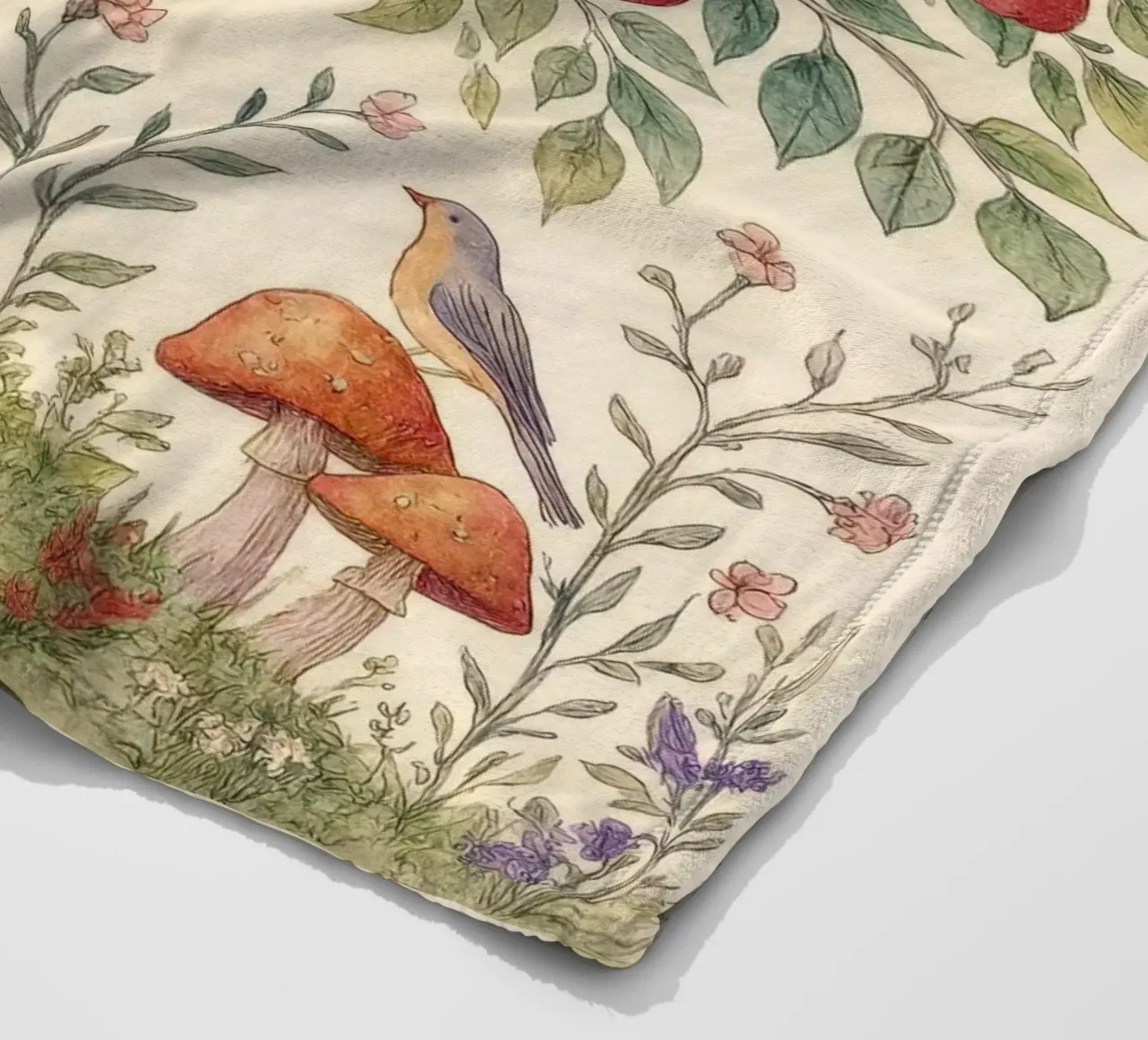 Albero di mele con uccelli e funghi Autunno botanico vintage coperta in pile da Gentle Echoes Art