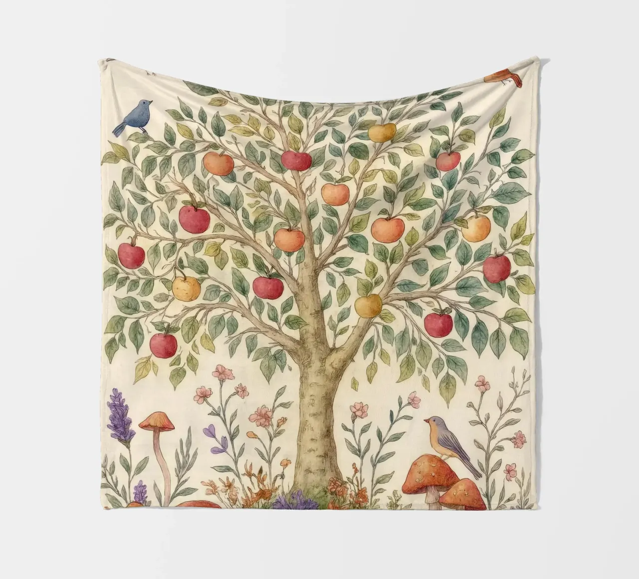 Albero di mele con uccelli e funghi Autunno botanico vintage coperta in pile da Gentle Echoes Art