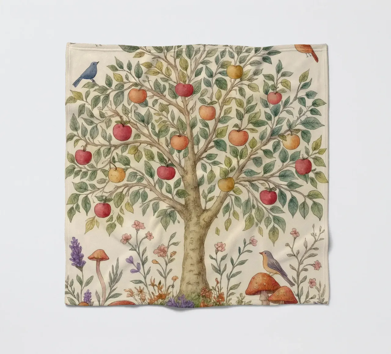Albero di mele con uccelli e funghi Autunno botanico vintage coperta in pile da Gentle Echoes Art