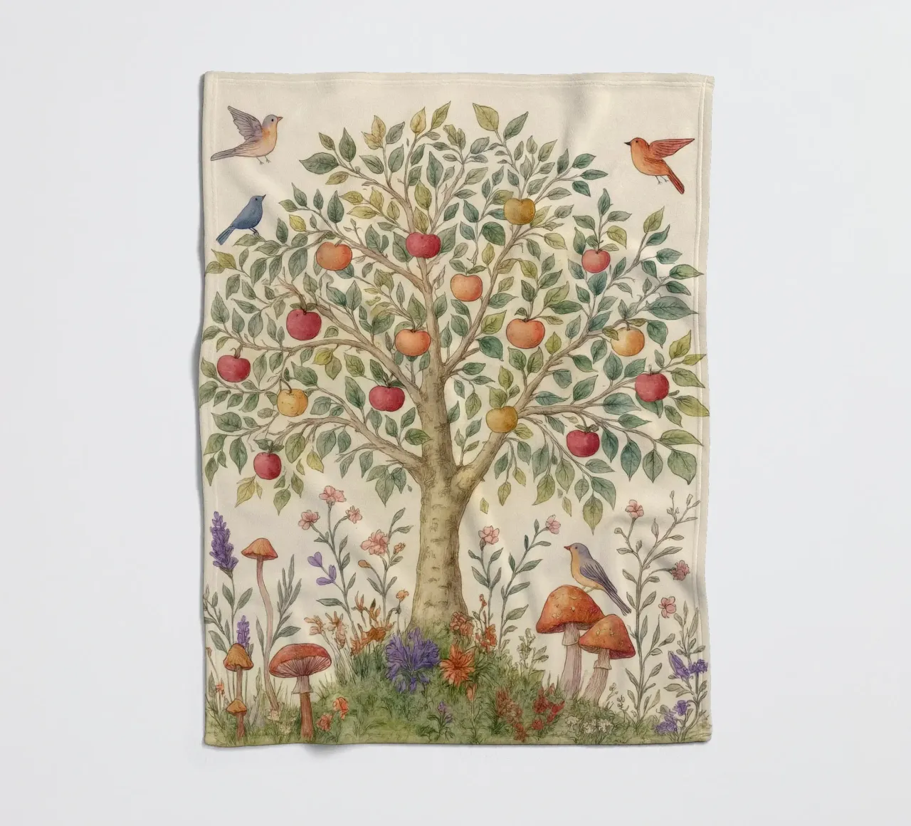 Albero di mele con uccelli e funghi Autunno botanico vintage coperta in pile da Gentle Echoes Art