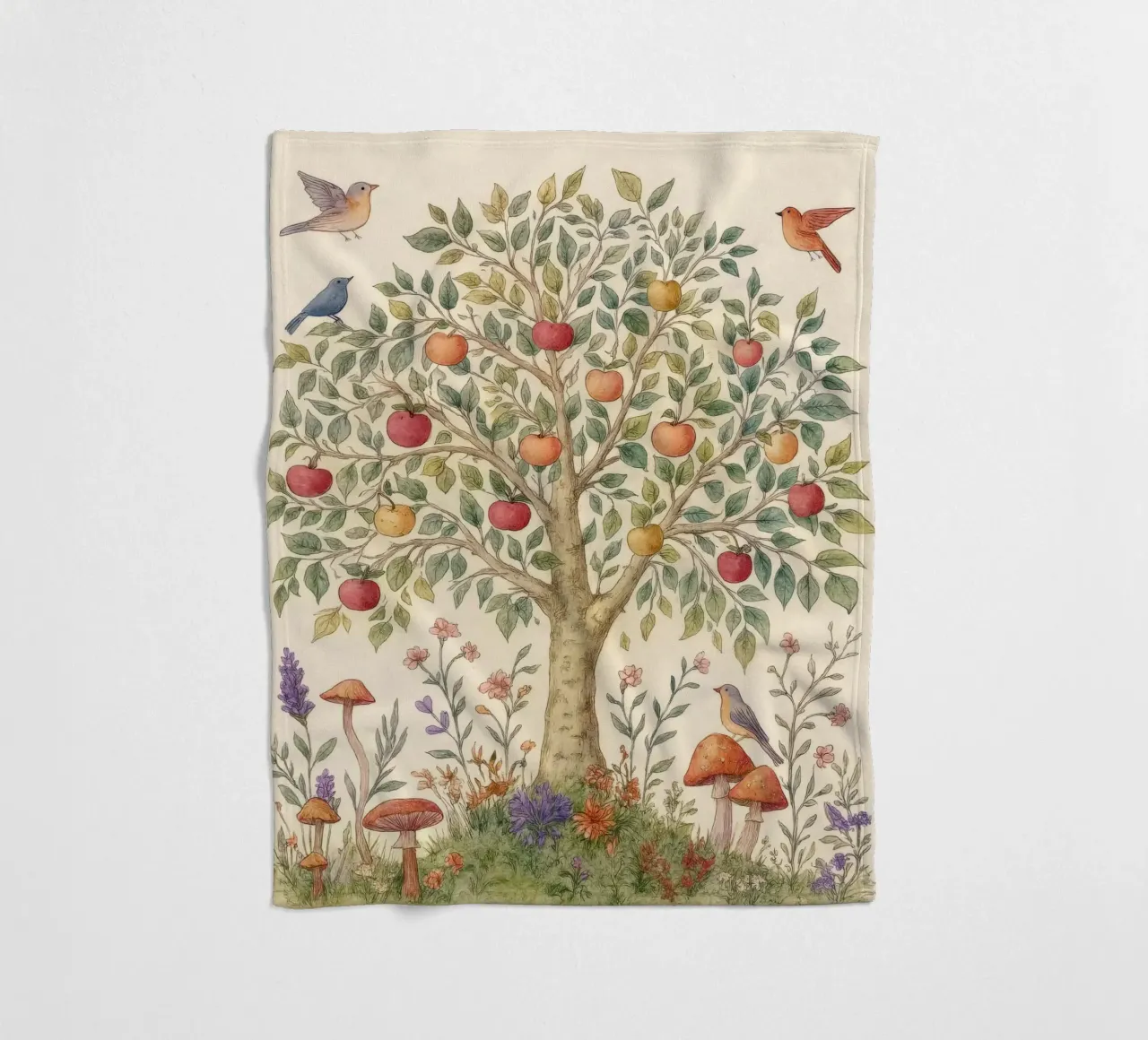 Albero di mele con uccelli e funghi Autunno botanico vintage coperta in pile da Gentle Echoes Art