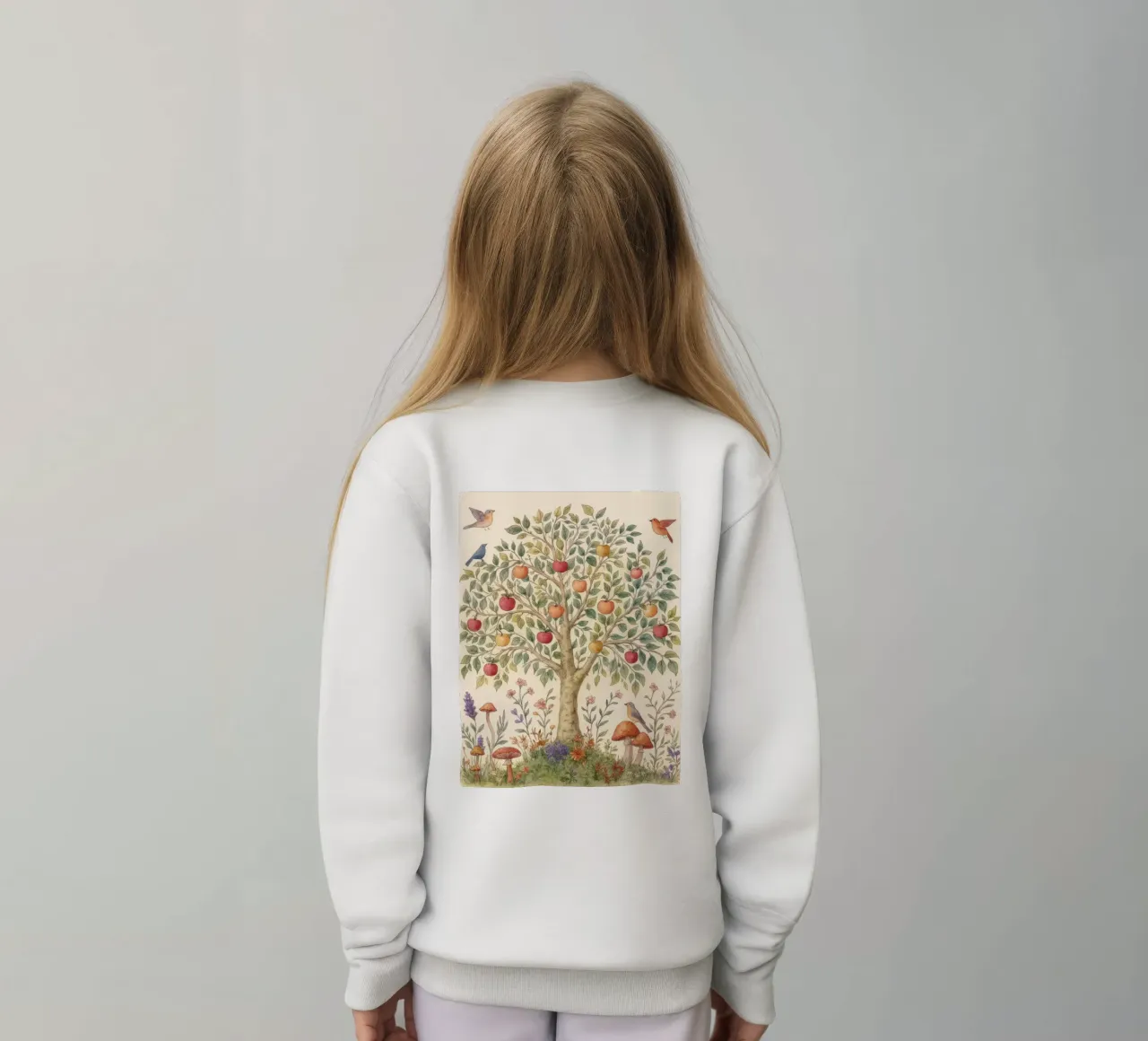 Albero di mele con uccelli e funghi Autunno botanico vintage felpa bambino da Gentle Echoes Art