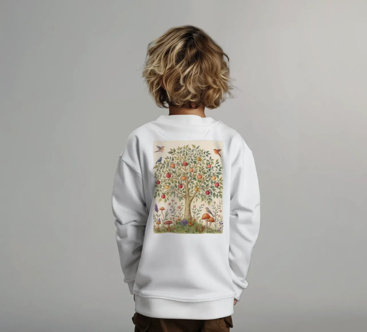 Albero di mele con uccelli e funghi Autunno botanico vintage felpa bambino da Gentle Echoes Art
